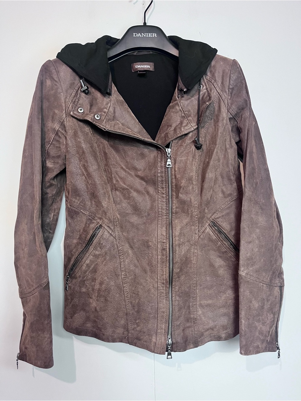 Danier Genuine Leather Hooded Moto Jacket Brown M Y2K Biker
